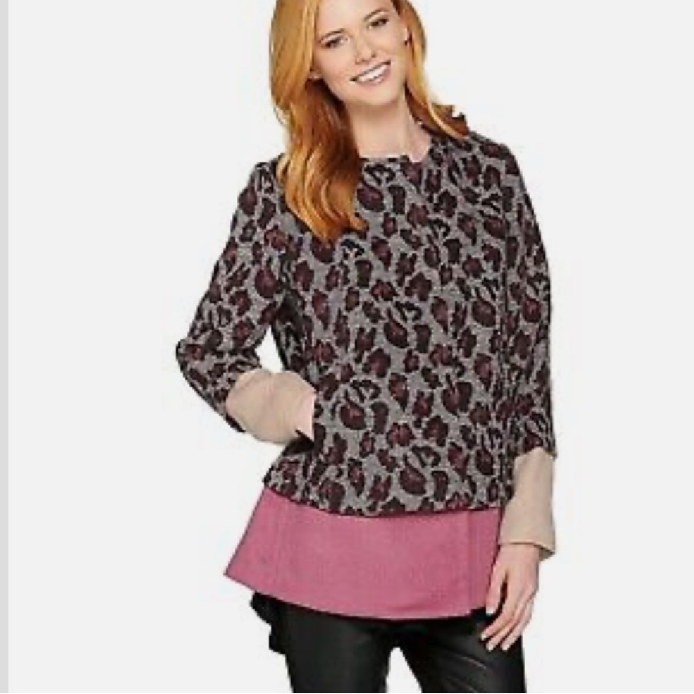 LOGO LORI Goldstein Animal Print Cardigan Jacket Wool Blend Snap Button …